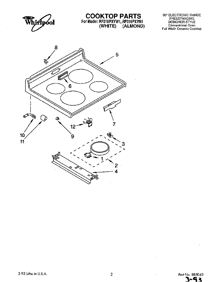COOKTOP, LIT/OPTIONAL Diagram and Parts List for RF316PXYN1  Whirlpool Range