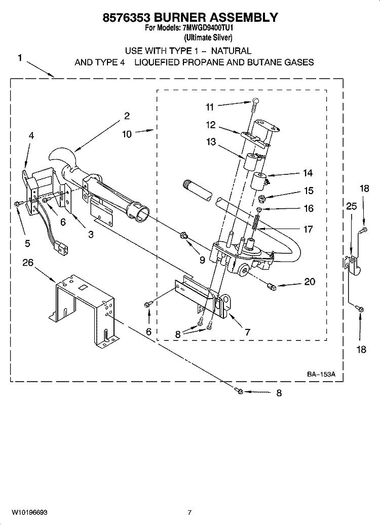 8576353 BURNER ASSEMBLY Diagram and Parts List for 7MWGD9400TU1  Whirlpool Dryer