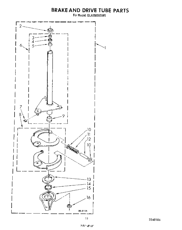 BRAKE AND DRIVE TUBE Diagram and Parts List for GLA5580XSW0  Whirlpool Washer