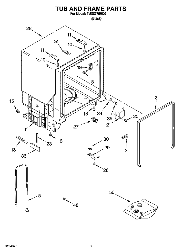 TUB AND FRAME PARTS Diagram and Parts List for TUD8750RD0  Estate Dishwasher