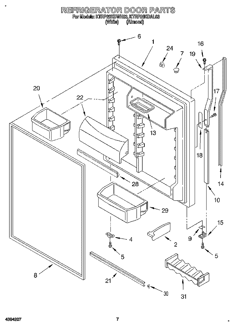 REFRIGERATOR DOOR Diagram and Parts List for KTRP20KDWH03  KitchenAid Refrigerator