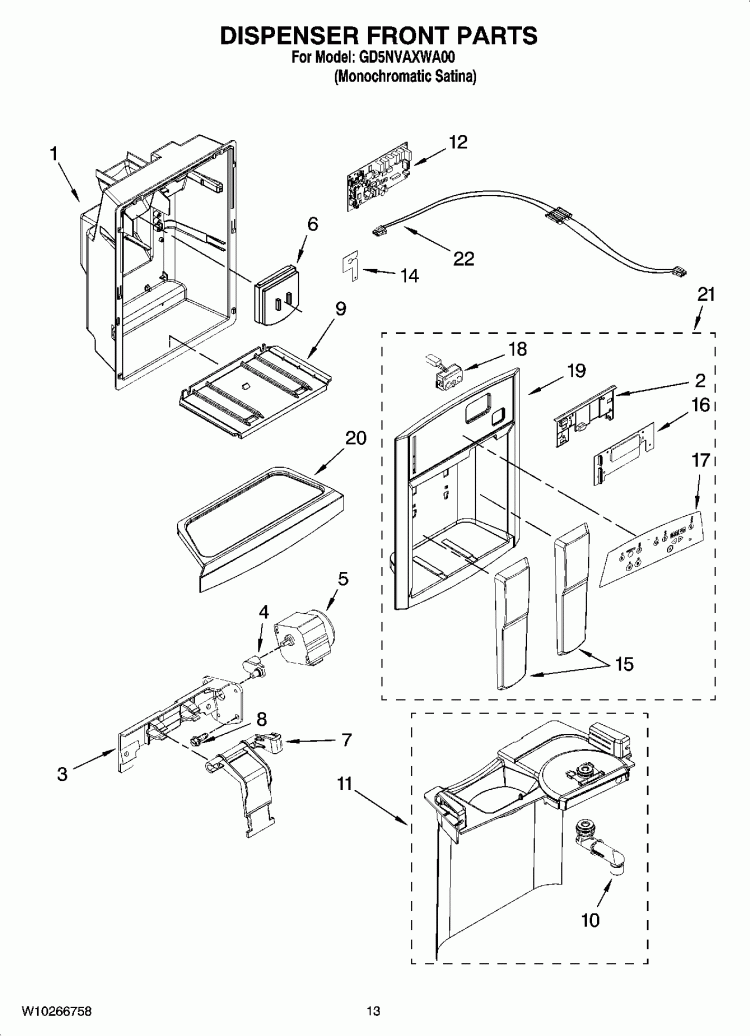 DISPENSER FRONT PARTS Diagram and Parts List for GD5NVAXWA00  Whirlpool Refrigerator