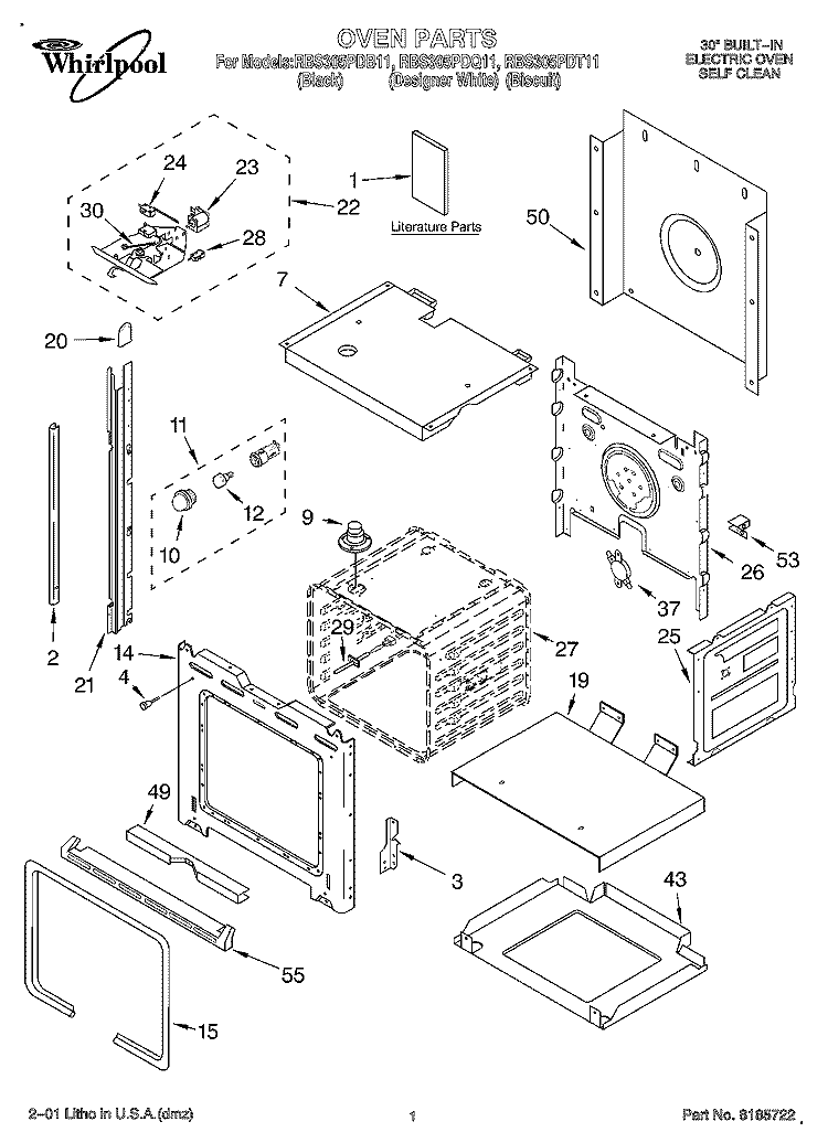 OVEN, LITERATURE Diagram and Parts List for RBS305PDT11  Whirlpool Wall Oven