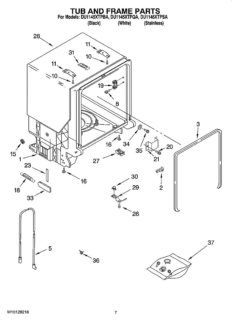 TUB AND FRAME PARTS Diagram and Parts List for DU1145XTPBA  Whirlpool Dishwasher