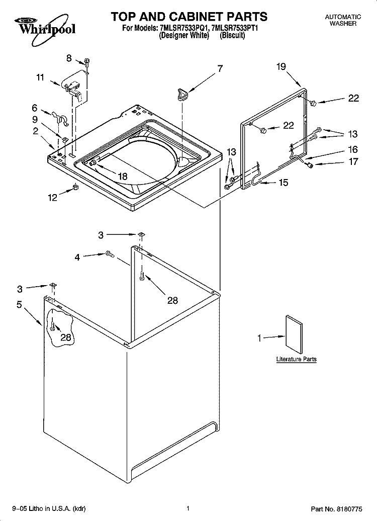 TOP AND CABINET PARTS Diagram and Parts List for 7MLSR7533PT1  Whirlpool Washer