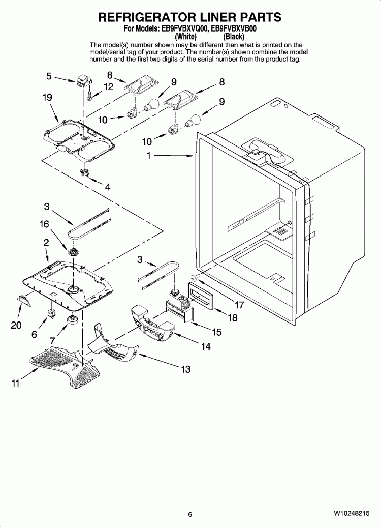 REFRIGERATOR LINER PARTS Diagram and Parts List for EB9FVBXVQ00  Whirlpool Refrigerator