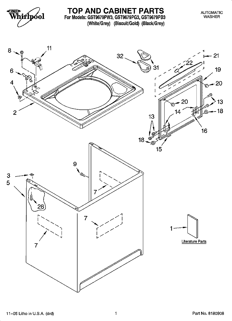 TOP AND CABINET PARTS Diagram and Parts List for GST9679PG3  Whirlpool Washer