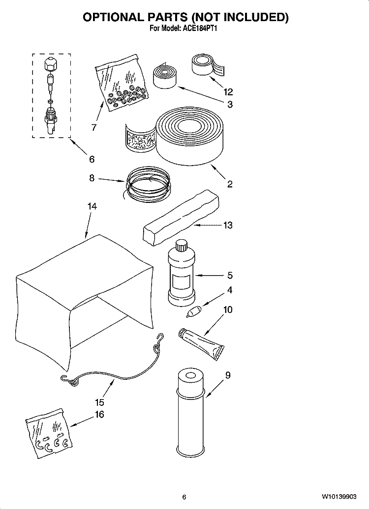 OPTIONAL  PARTS (NOT INCLUDED) Diagram and Parts List for ACE184PT1  Whirlpool Air Conditioner