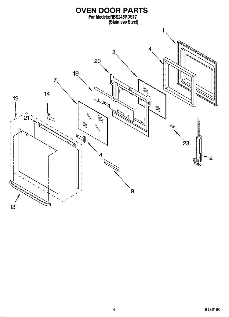 OVEN DOOR PARTS Diagram and Parts List for RBS245PDS17  Whirlpool Wall Oven