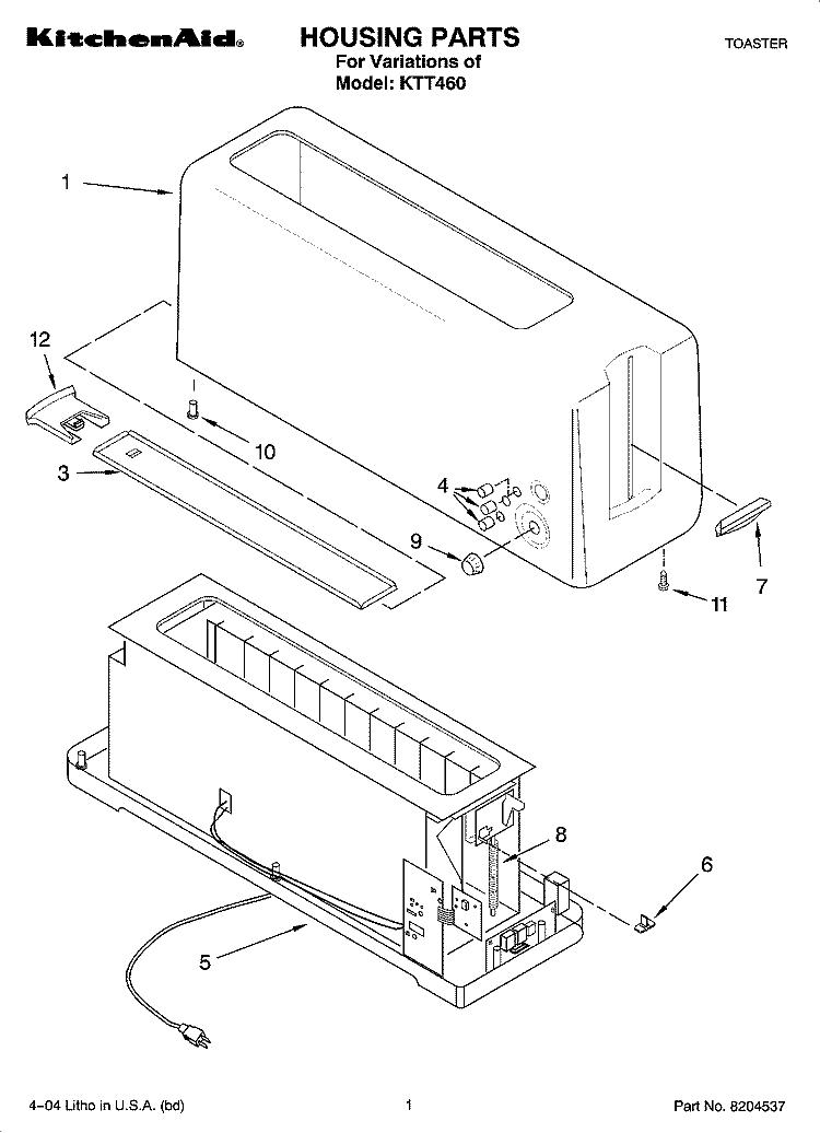 HOUSING PARTS Diagram and Parts List for KTT460  KitchenAid Toaster