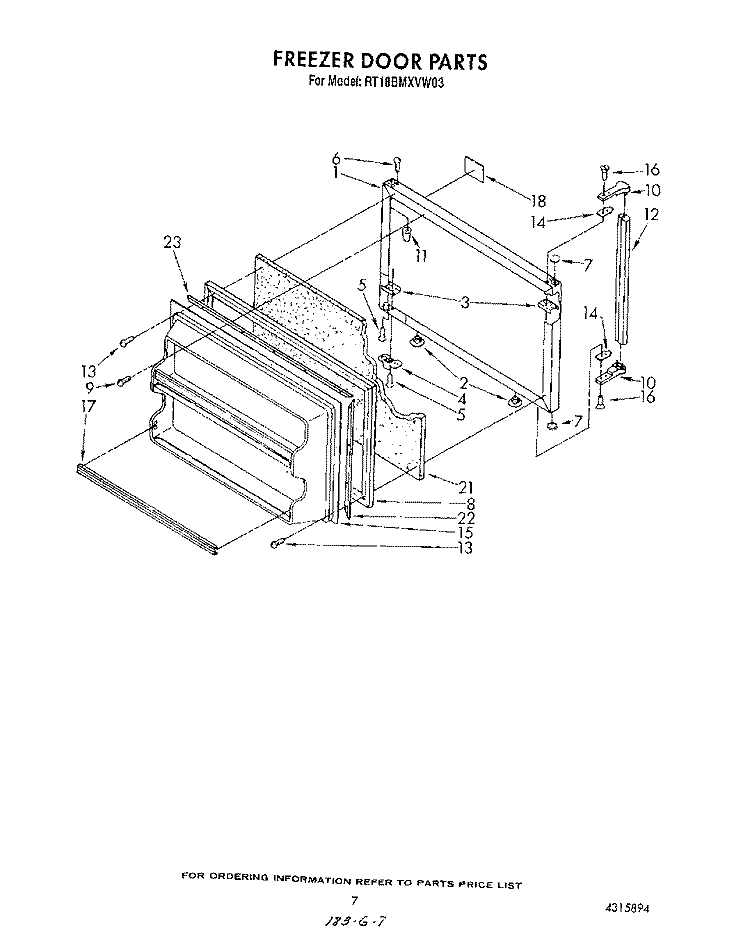 FREEZER DOOR Diagram and Parts List for RT18BMXVW03  Roper Refrigerator