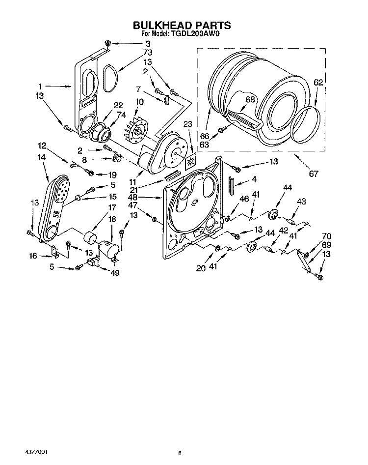 BULKHEAD Diagram and Parts List for TGDL200AW0  Whirlpool Dryer