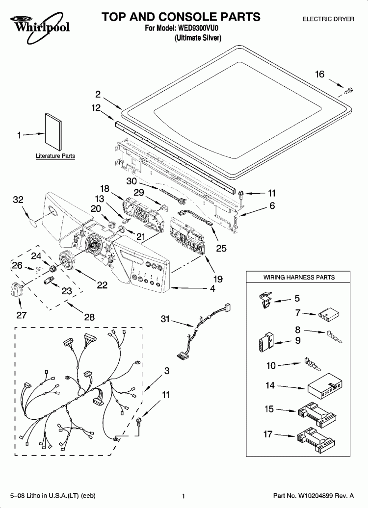 TOP AND CONSOLE PARTS Diagram and Parts List for WED9300VU0  Whirlpool Dryer