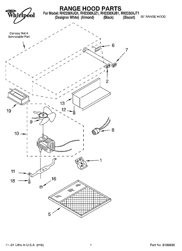 SECTION Diagram and Parts List for RH2330XJT1  Whirlpool Range Hood