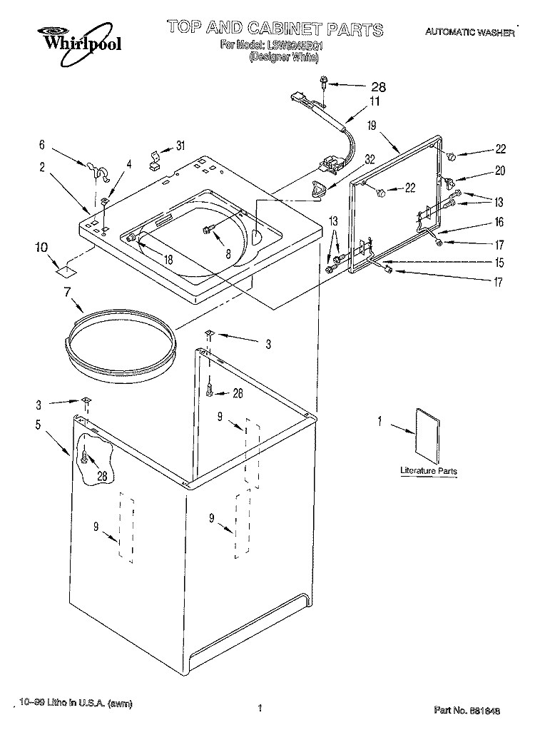 TOP AND CABINET, LITERATURE Diagram and Parts List for LSW9245EQ1  Whirlpool Washer