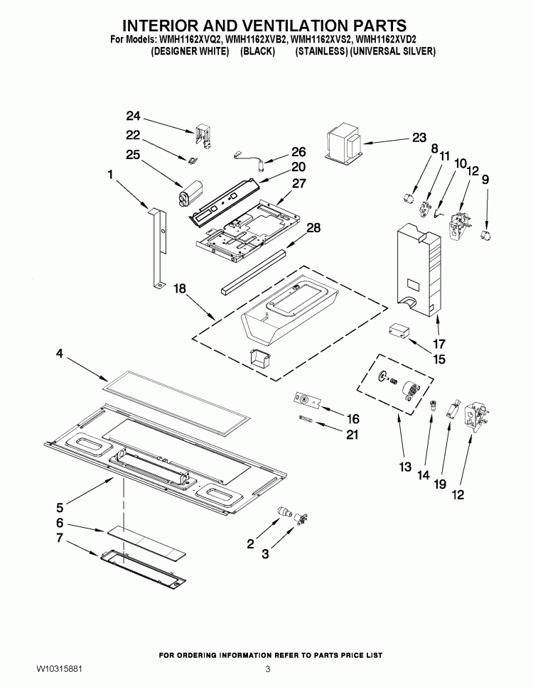 INTERIOR AND VENTILATION PARTS Diagram and Parts List for WMH1162XVS2  Whirlpool Microwave