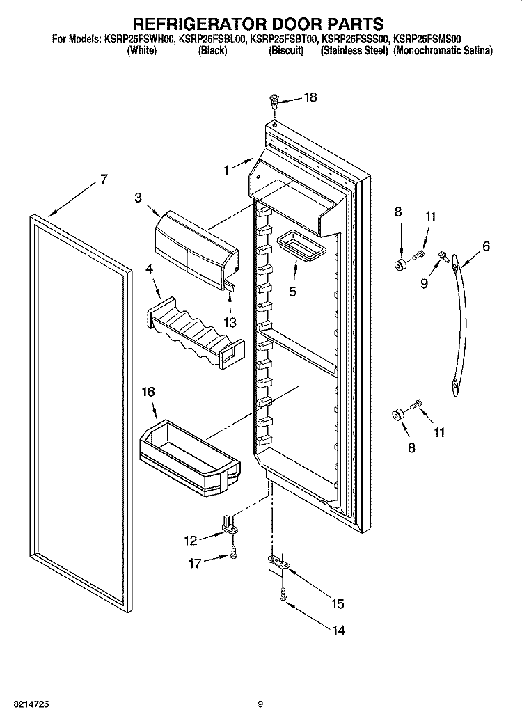 REFRIGERATOR DOOR PARTS Diagram and Parts List for KSRP25FSBL00  KitchenAid Refrigerator