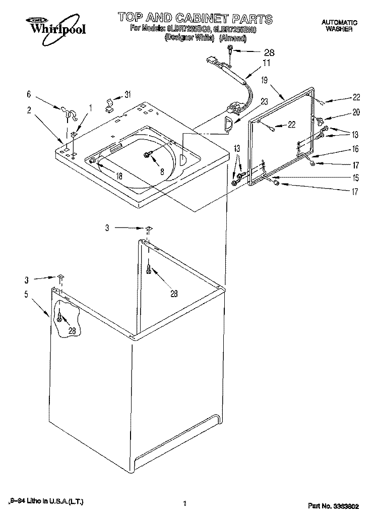 TOP AND CABINET, LIT/OPTIONAL Diagram and Parts List for 6LBR7255BQ0  Whirlpool Washer