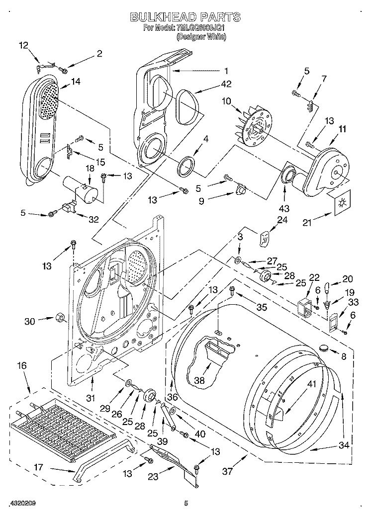 BULKHEAD Diagram and Parts List for 7MLGQ8000JQ1  Whirlpool Dryer