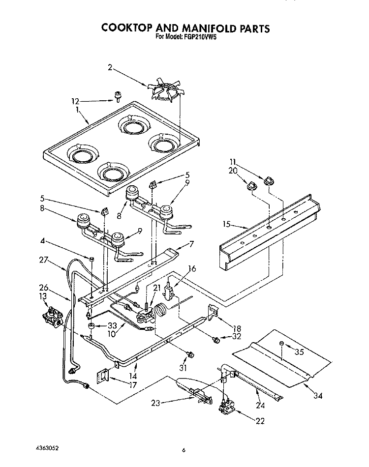 COOKTOP AND MANIFOLD, LIT/OPTIONAL Diagram and Parts List for FGP210VL5  Whirlpool Range