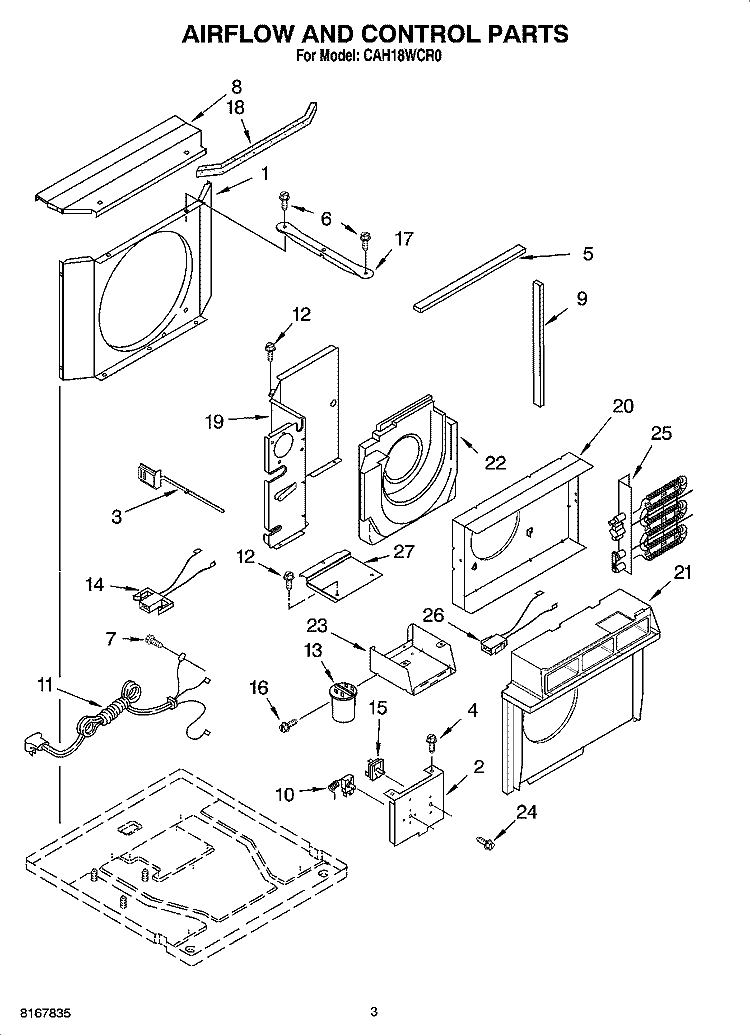 AIRFLOW AND CONTROL PARTS Diagram and Parts List for CAH18WCR0  Crosley Air Conditioner