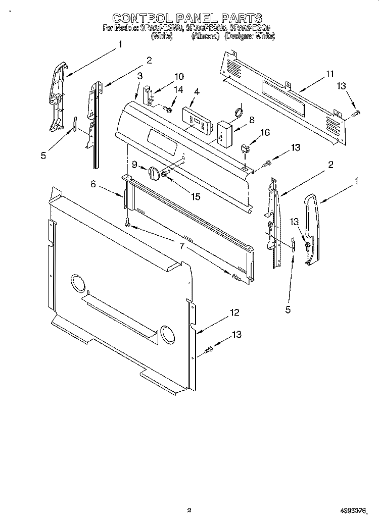 CONTROL PANEL Diagram and Parts List for SF306PEGQ0  Whirlpool Range