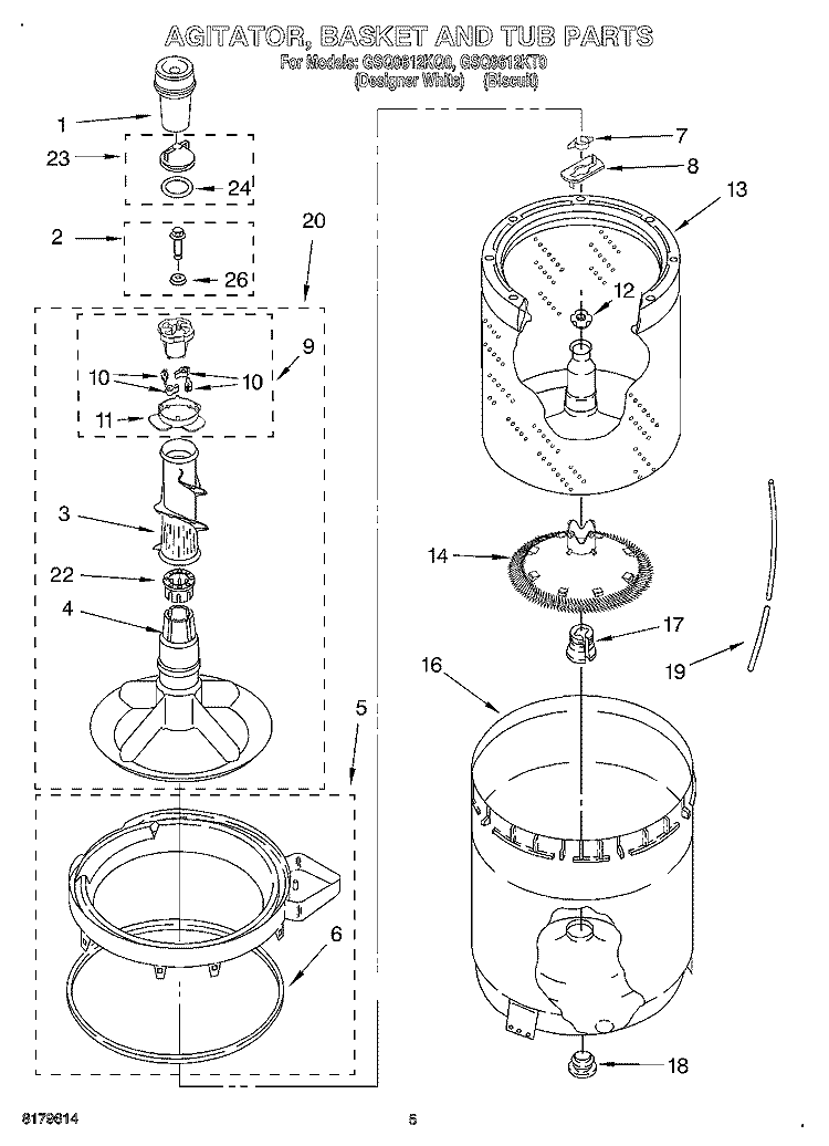 AGITATOR, BASKET AND TUB Diagram and Parts List for GSQ9612KT0  Whirlpool Washer