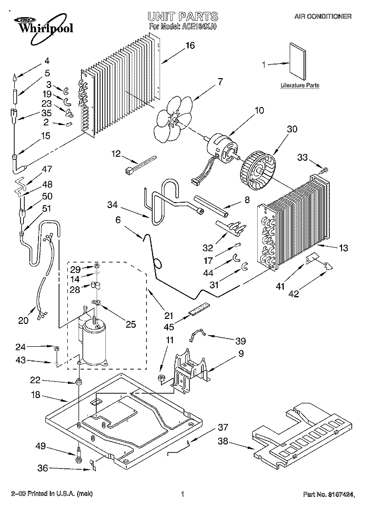 UNIT, LITERATURE Diagram and Parts List for ACE184XJ0  Whirlpool Air Conditioner