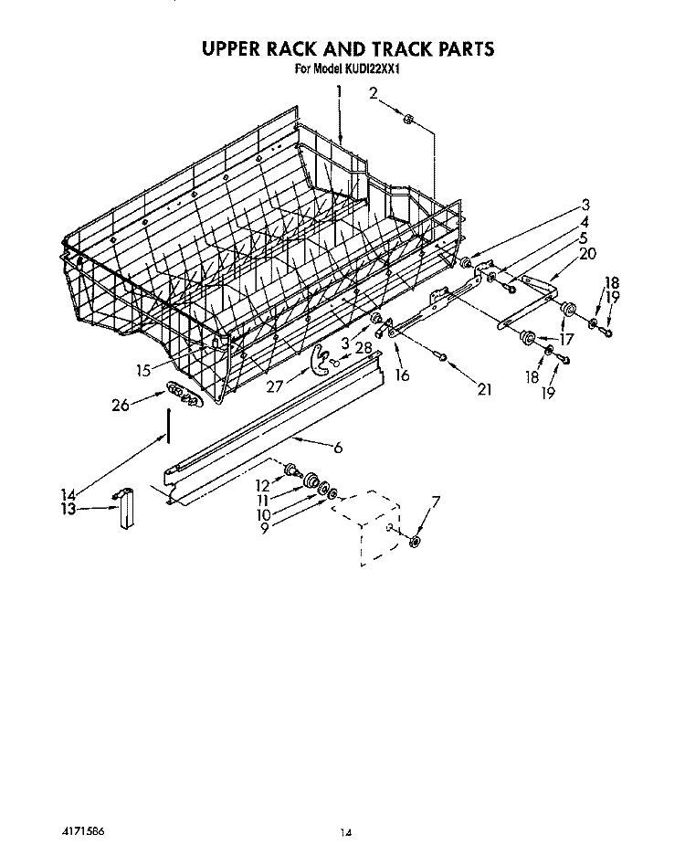 UPPER RACK AND TRACK Diagram and Parts List for KUDI22XX1  KitchenAid Dishwasher