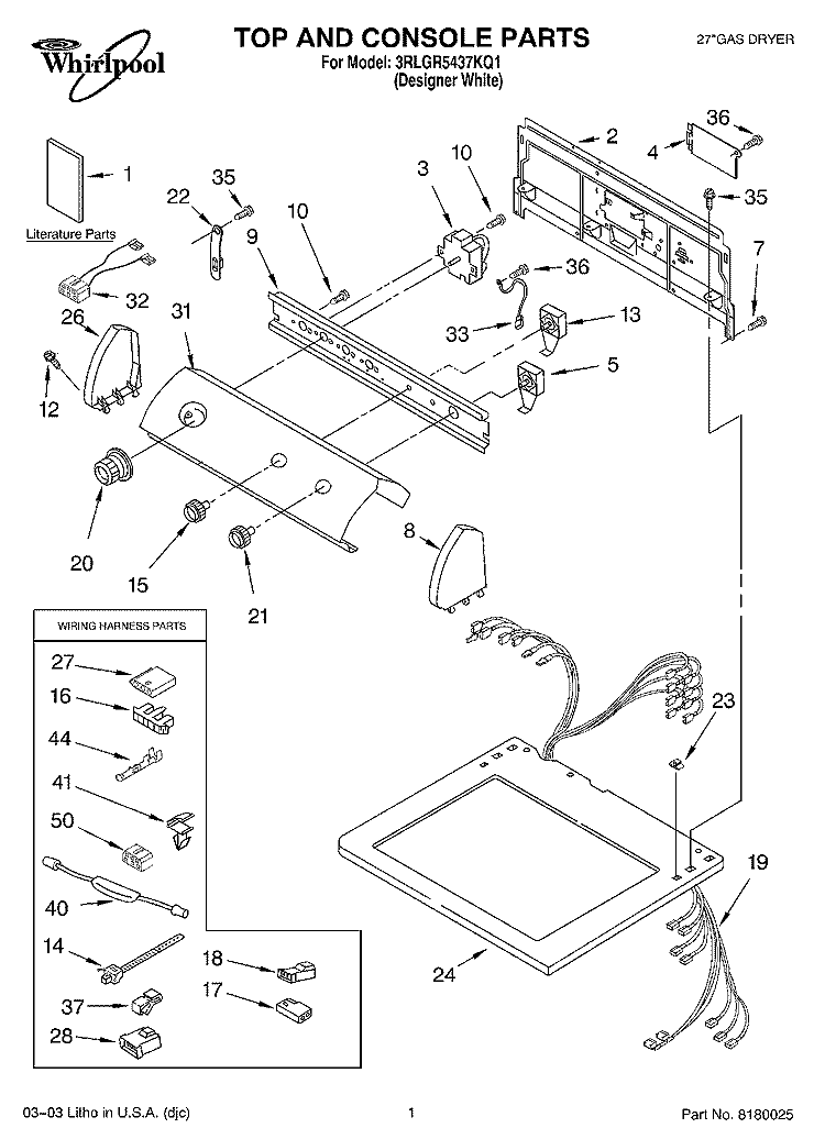 TOP AND CONSOLE PARTS Diagram and Parts List for 3RLGR5437KQ1  Whirlpool Dryer
