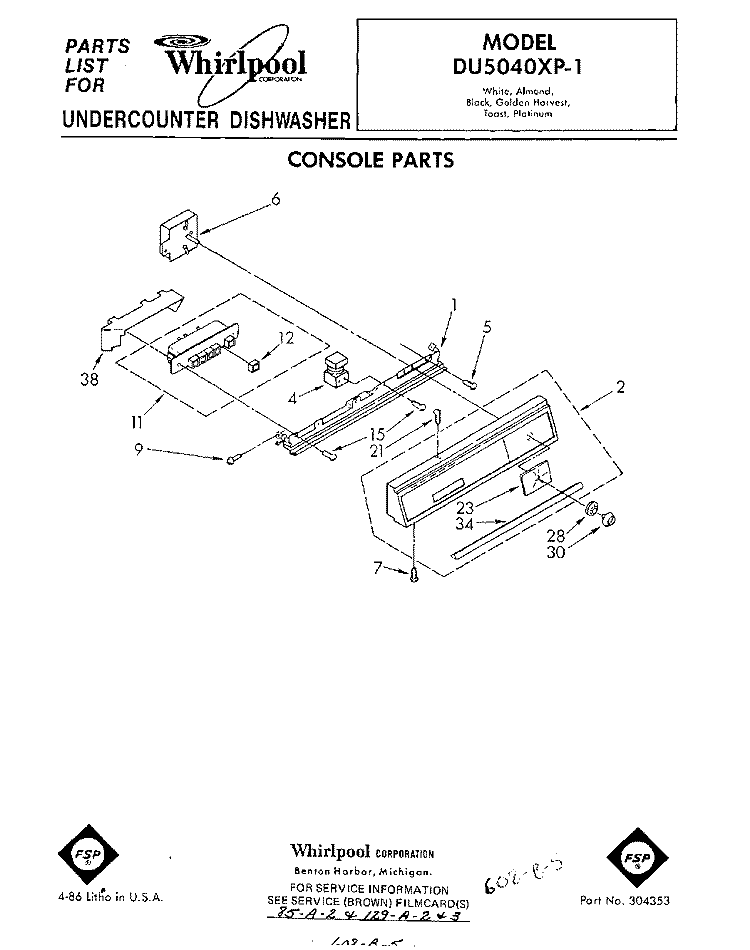 CONSOLE Diagram and Parts List for DU5040XP1  Whirlpool Dishwasher