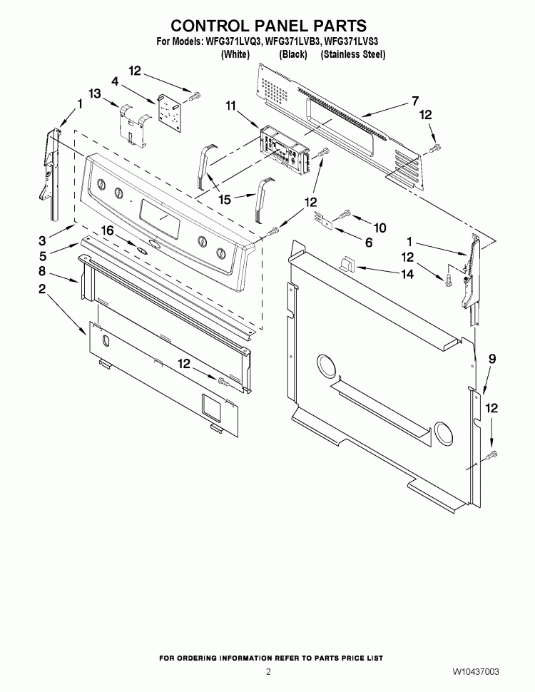 CONTROL PANEL PARTS Diagram and Parts List for WFG371LVB3  Whirlpool Range
