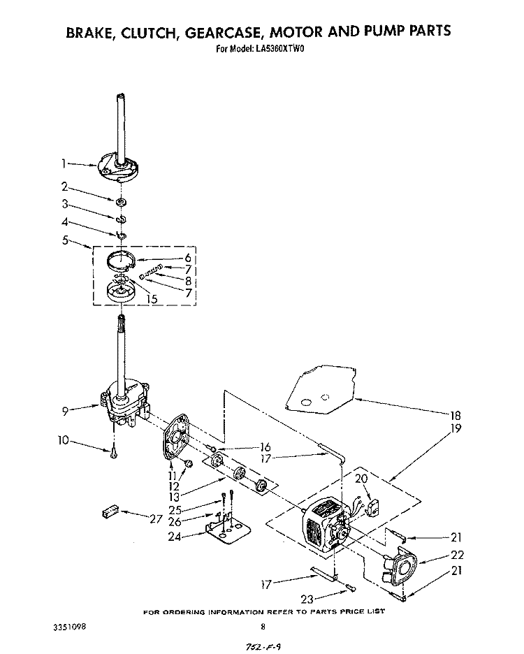 BRAKE, CLUTCH, GEARCASE, MOTOR AND PUMP Diagram and Parts List for LA5360XTG0  Whirlpool Washer