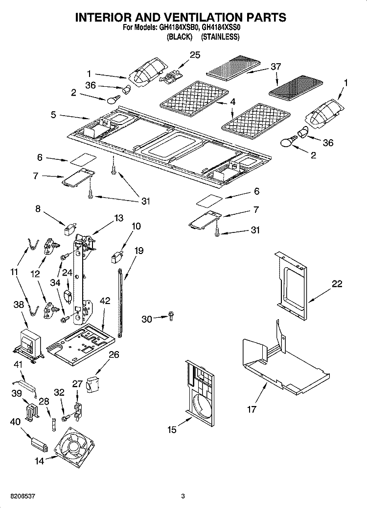 INTERIOR AND VENTILATION PARTS Diagram and Parts List for GH4184XSS0  Whirlpool Microwave