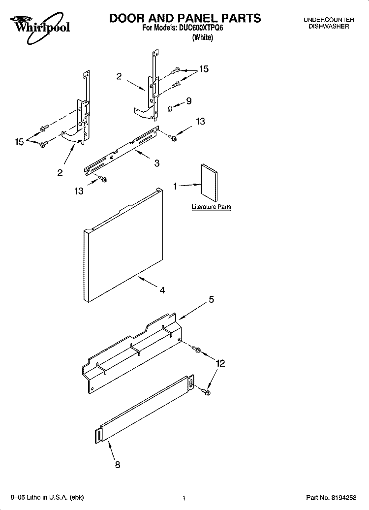 DOOR AND PANEL PARTS Diagram and Parts List for DUC600XTPQ6  Whirlpool Dishwasher