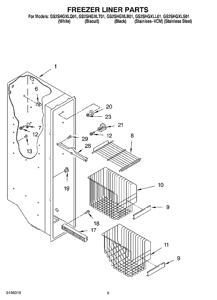 FREEZER LINER Diagram and Parts List for GS2SHGXLT01  Whirlpool Refrigerator
