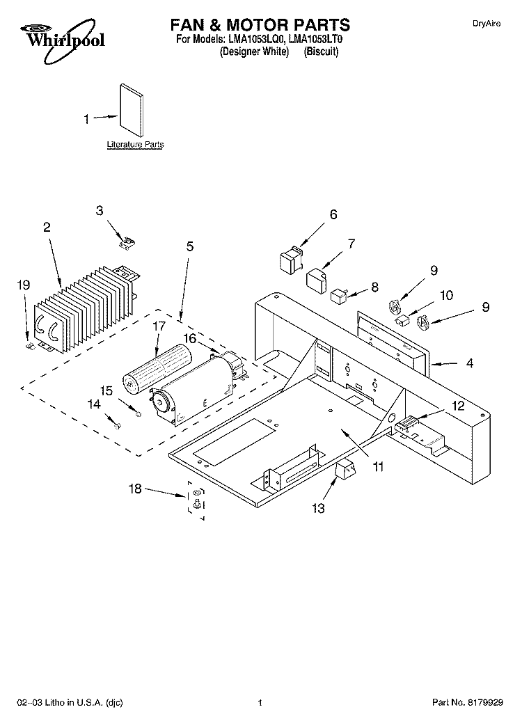 FAN & MOTOR PARTS Diagram and Parts List for LMA1053LQ0  Whirlpool Laundry Accessories