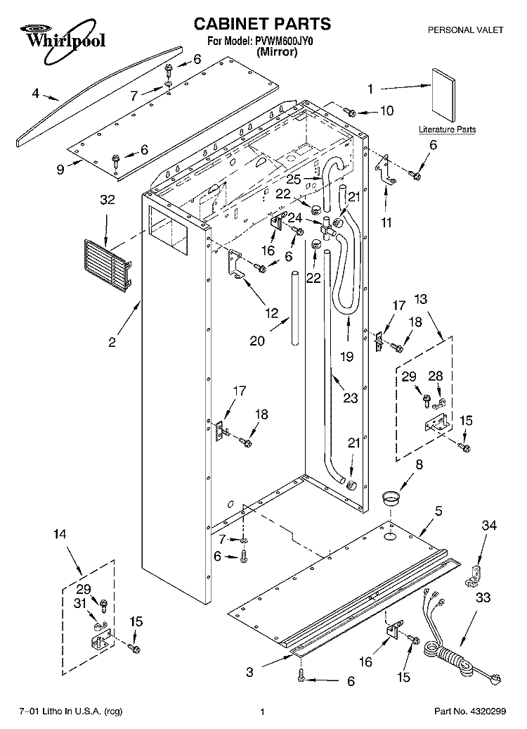 CABINET, LITERATURE Diagram and Parts List for PVWM600JY0  Whirlpool Cabinet