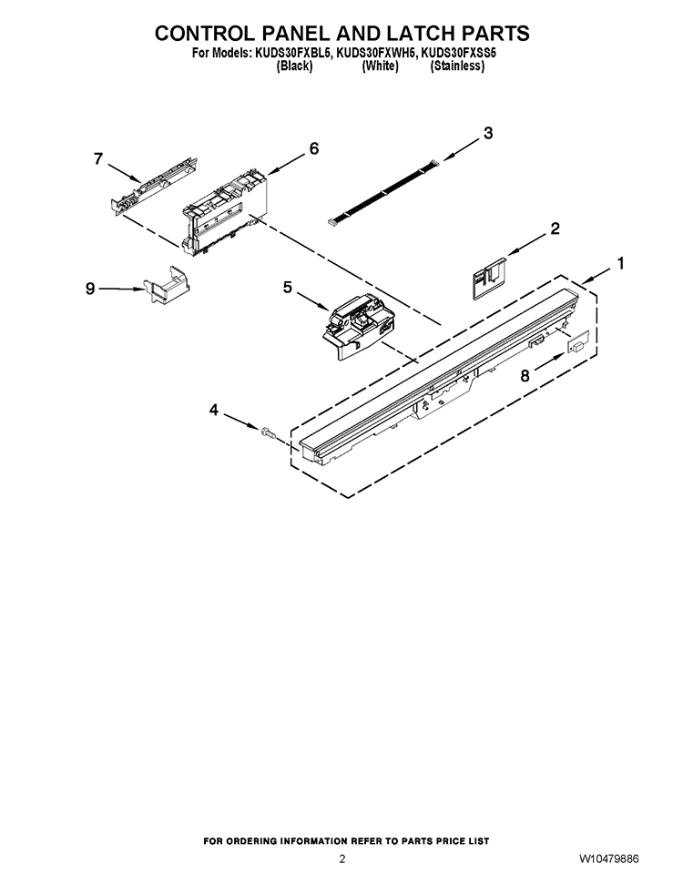 CONTROL PANEL AND LATCH PARTS Diagram and Parts List for KUDS30FXSS5  KitchenAid Dishwasher