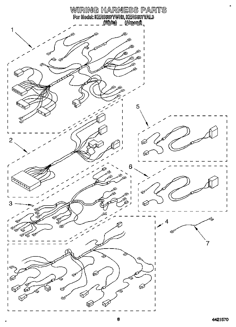 WIRING HARNESS Diagram and Parts List for KERS507YWH3  KitchenAid Range