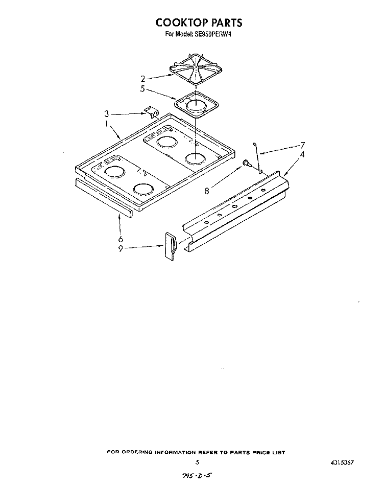 COOKTOP Diagram and Parts List for SE950PERW4  Whirlpool Range
