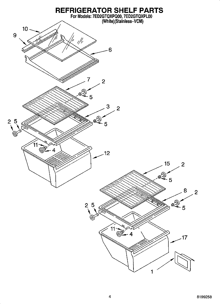 REFRIGERATOR SHELF PARTS Diagram and Parts List for 7ED2GTQXPL00  Whirlpool Refrigerator