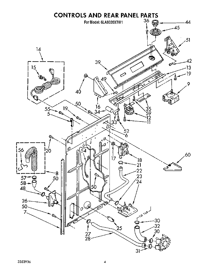 CONTROLS AND REAR PANEL Diagram and Parts List for 6LA9320XTW1  Whirlpool Washer