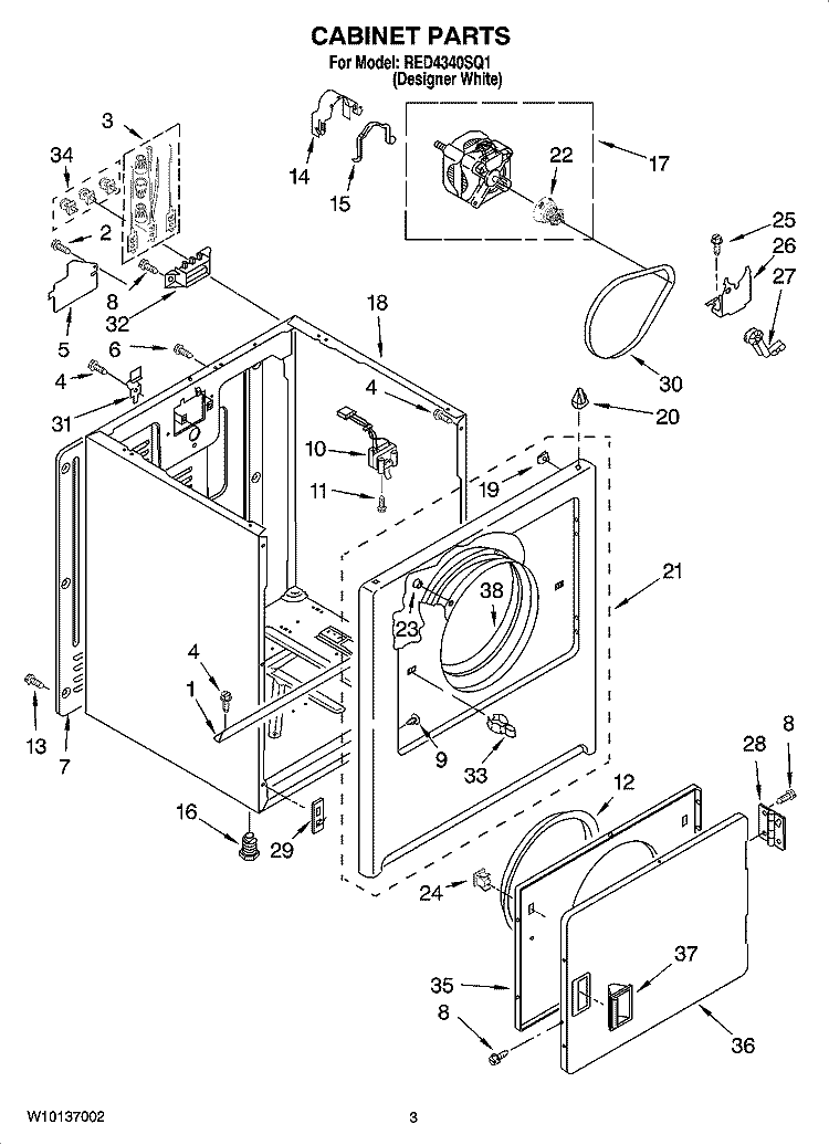 CABINET PARTS Diagram and Parts List for RED4340SQ1  Roper Dryer