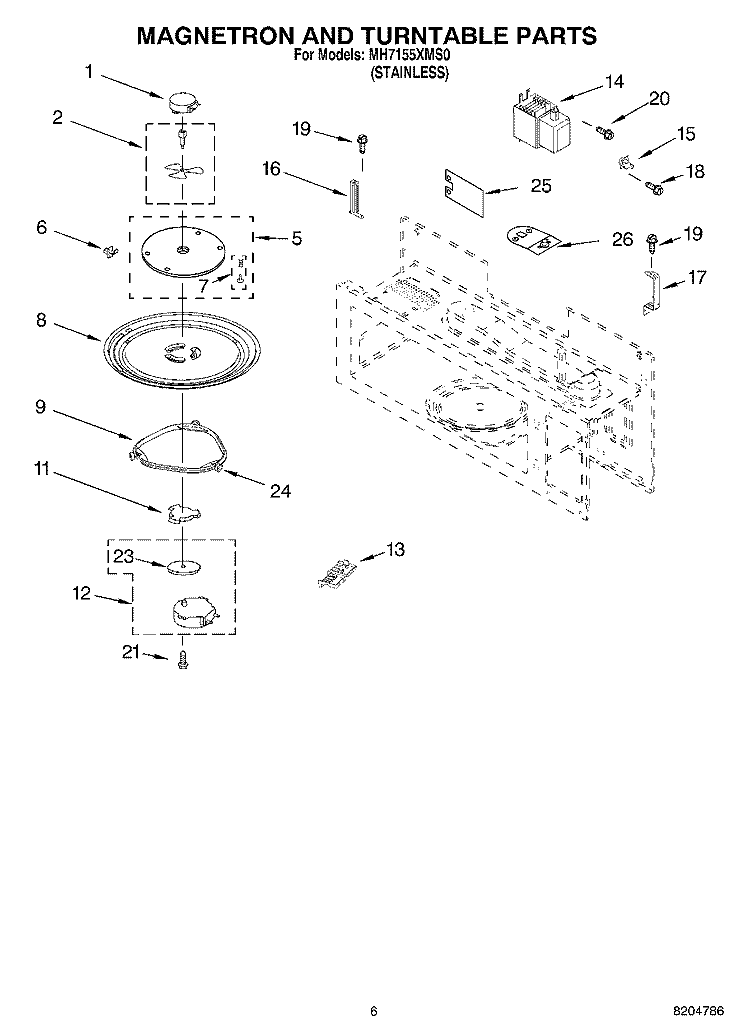 MAGNETRON AND TURNTABLE PARTS Diagram and Parts List for MH7155XMS0  Whirlpool Microwave