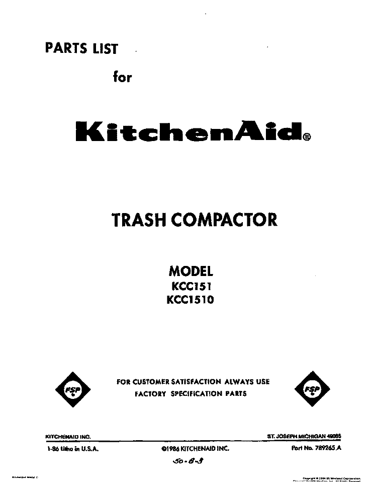 COVER Diagram and Parts List for KCC1510  KitchenAid Trash Compactor