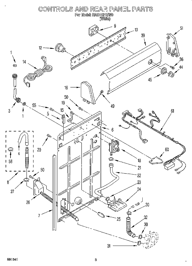CONTROLS AND REAR PANEL Diagram and Parts List for RAS1121EW0  Roper Washer
