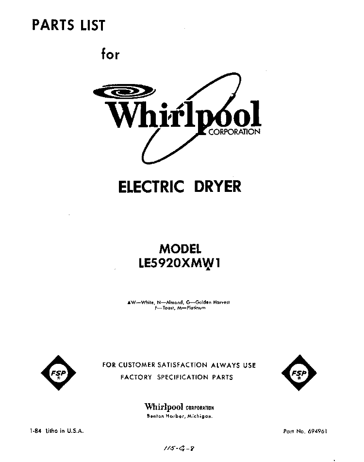 SECTION Diagram and Parts List for LE5920XMW1  Whirlpool Dryer
