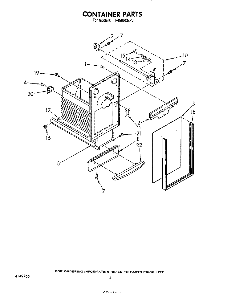CONTAINER Diagram and Parts List for TF4500XRP3  Whirlpool Trash Compactor