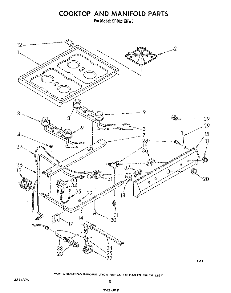 COOKTOP AND MANIFOLD , LITERATURE AND OPTIONAL Diagram and Parts List for SF3021ERW0  Whirlpool Range
